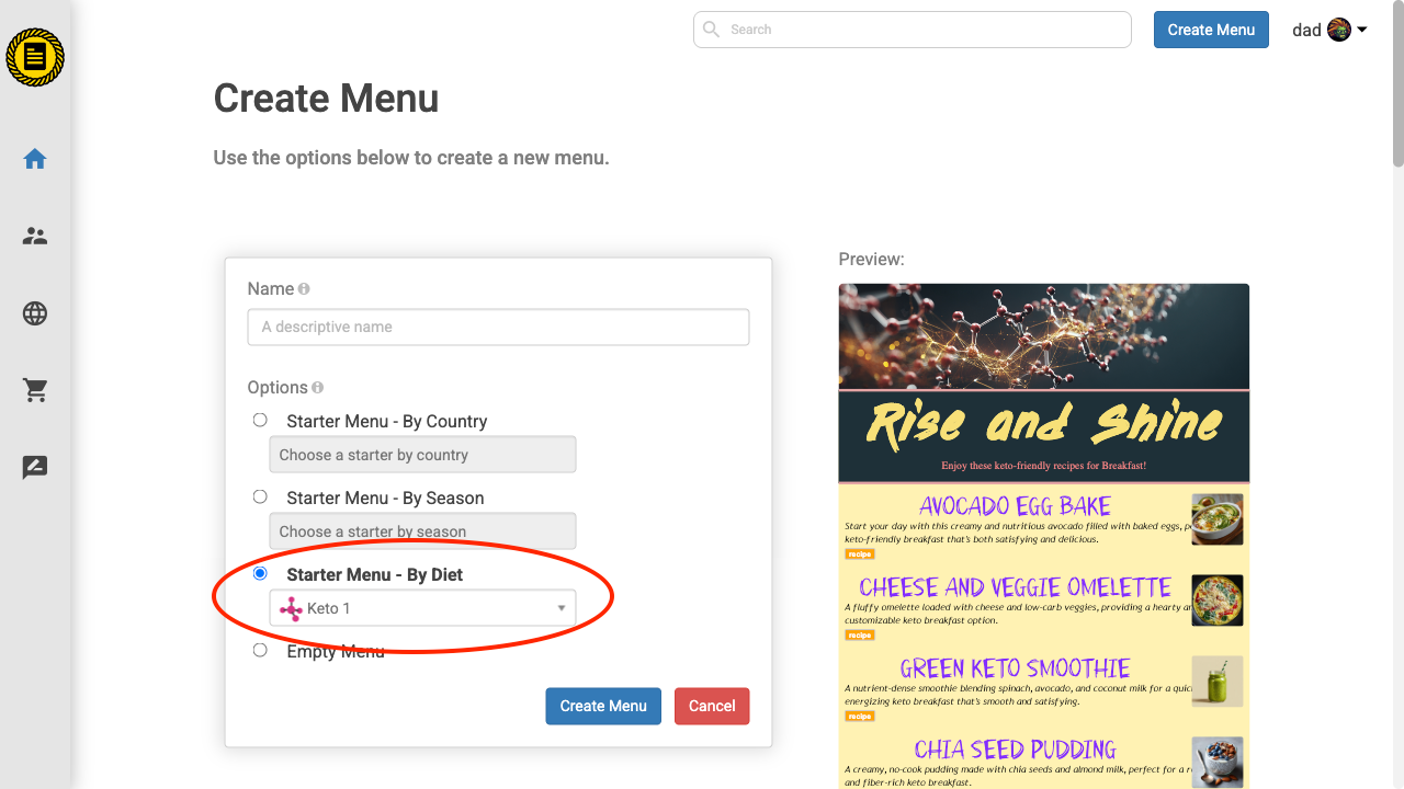Create Keto menu Create Keto Menu