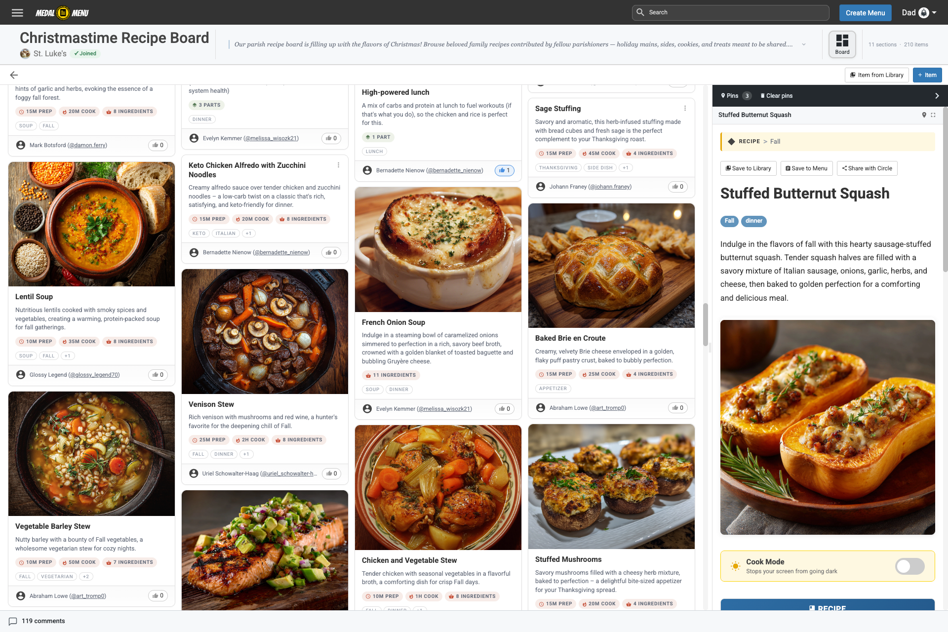 A community recipe board in Medal Menu
